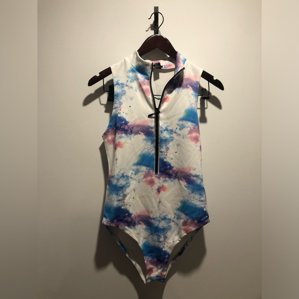Forever 21 White One-Piece with Pink and Blue Watercolor Print